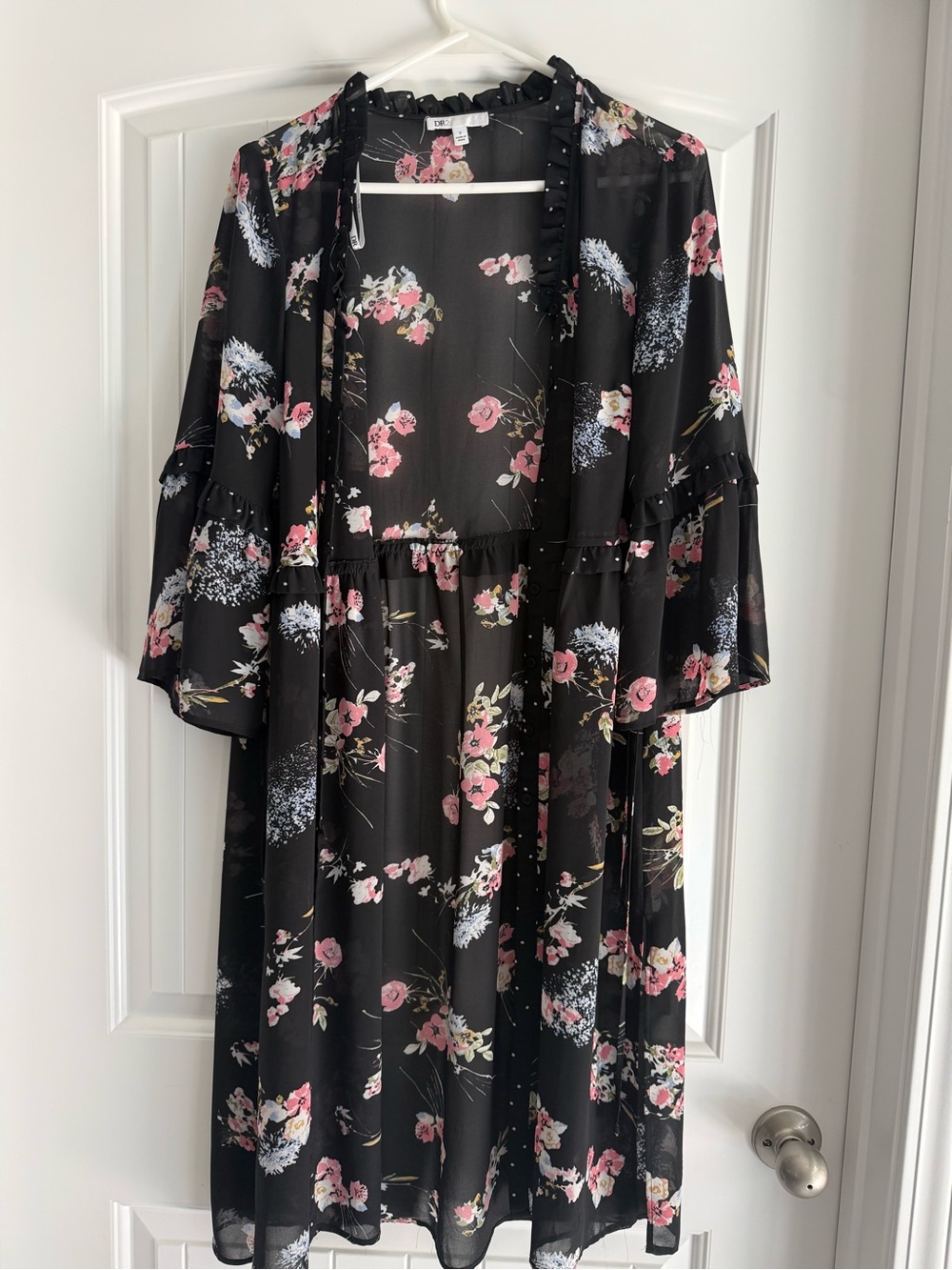 Floral Ruffle Trim Black Kimono Jacket